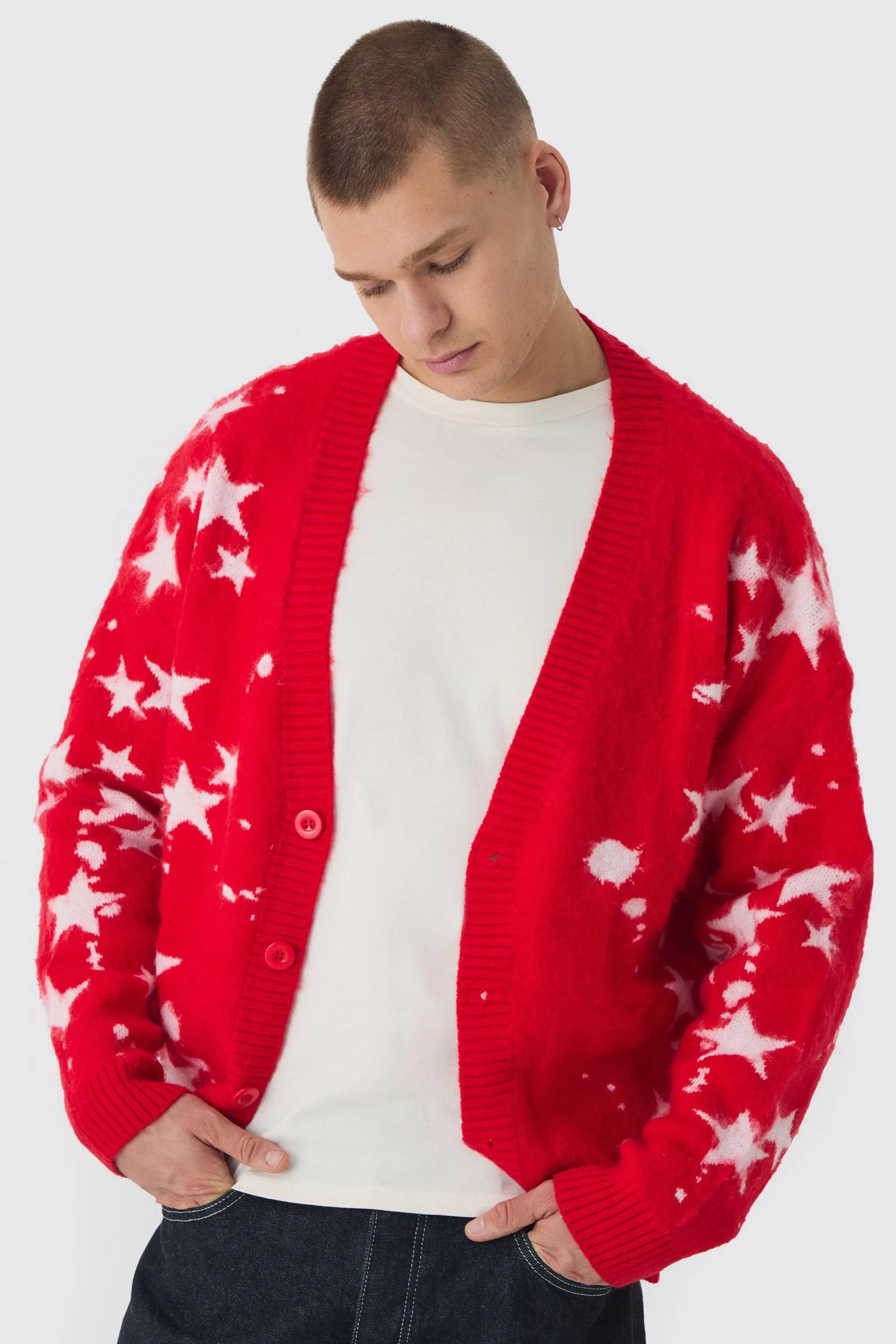 Oversized Boxy Star Brushed Knitted Cardigan