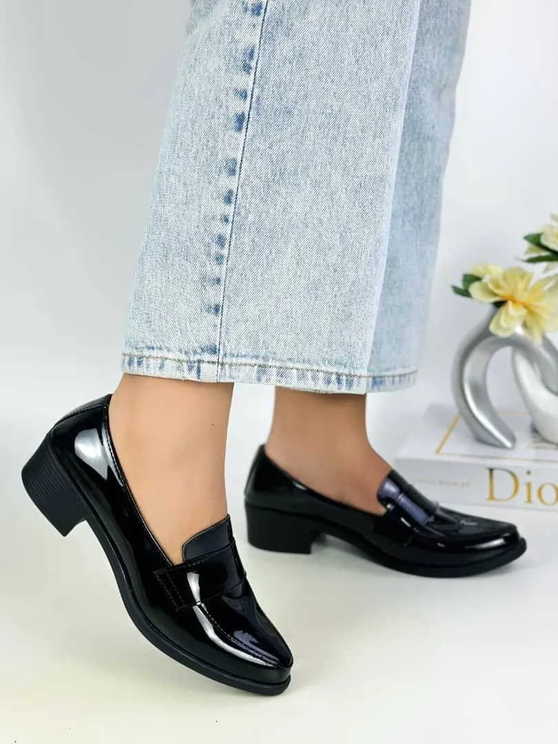 Patent Leather Black Loafers Block Heel