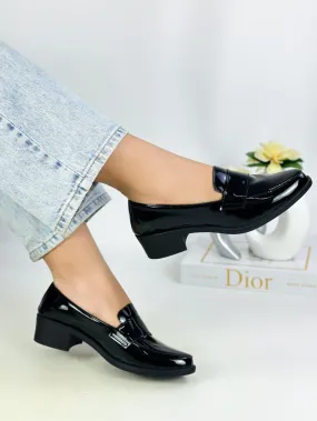 Patent Leather Black Loafers Block Heel