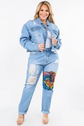 Plus-Size California Painting Slim Straight Jeans