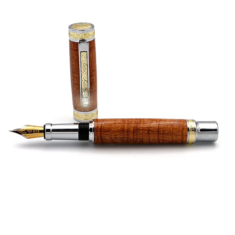 Premium Curly Hawaiian Koa Aloha Fountain Pen - Chrome