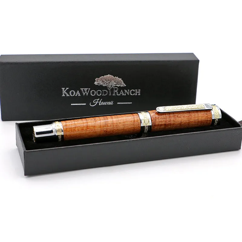 Premium Curly Hawaiian Koa Aloha Fountain Pen - Chrome