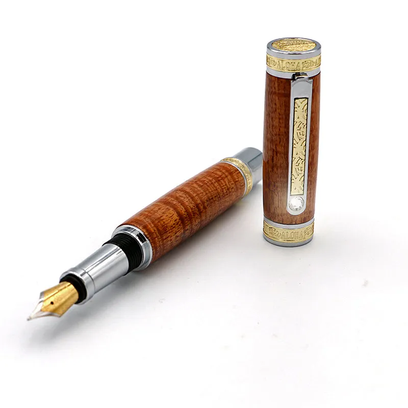 Premium Curly Hawaiian Koa Aloha Fountain Pen - Chrome