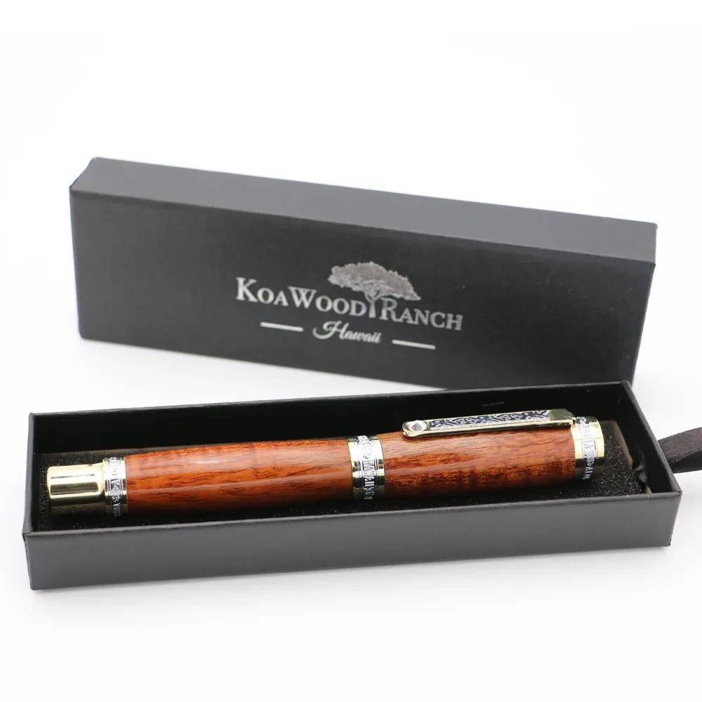 Premium Curly Hawaiian Koa Aloha Fountain Pen - Gold