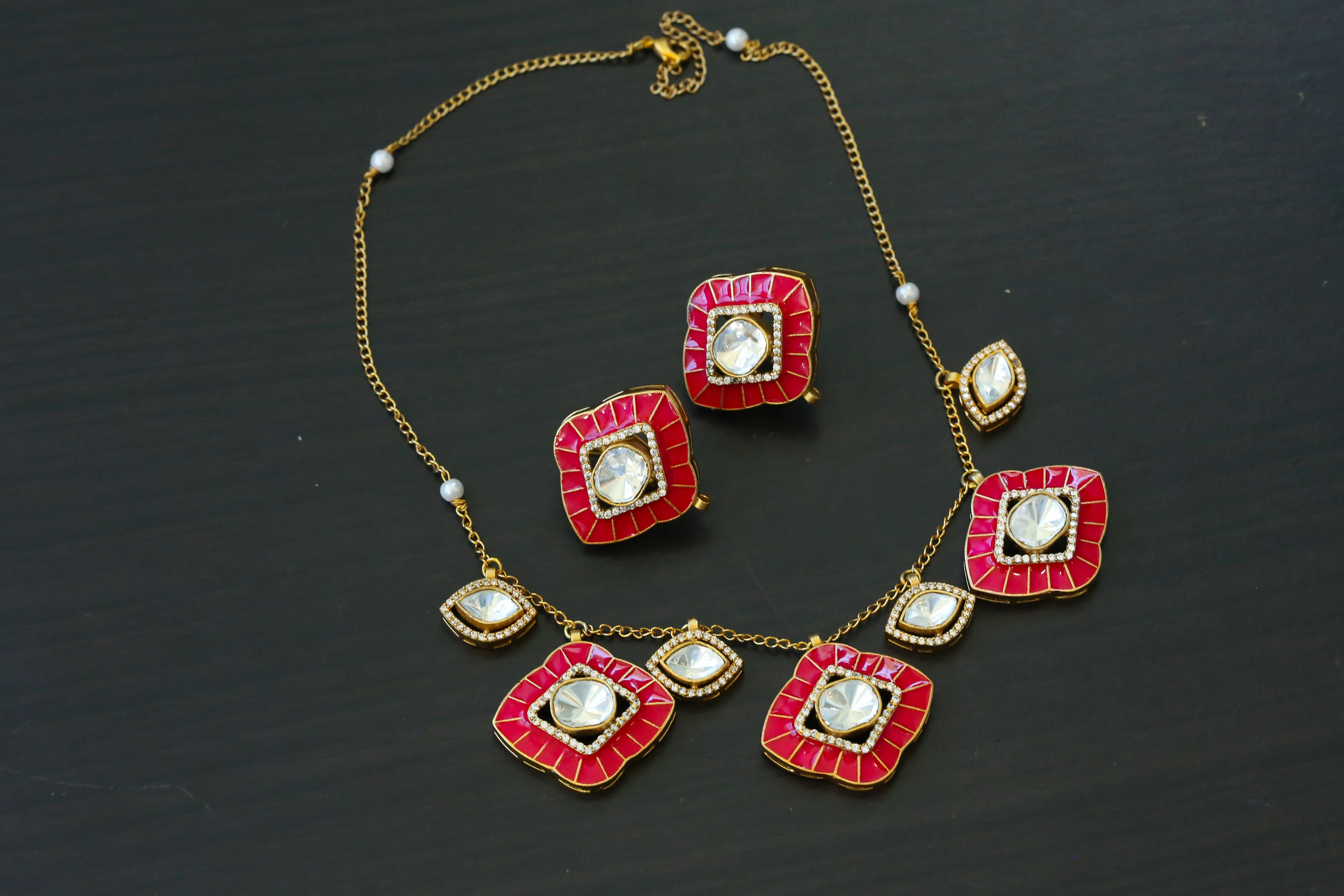 Premium Enamel & Moissanite Look Polki Set -Hot Red