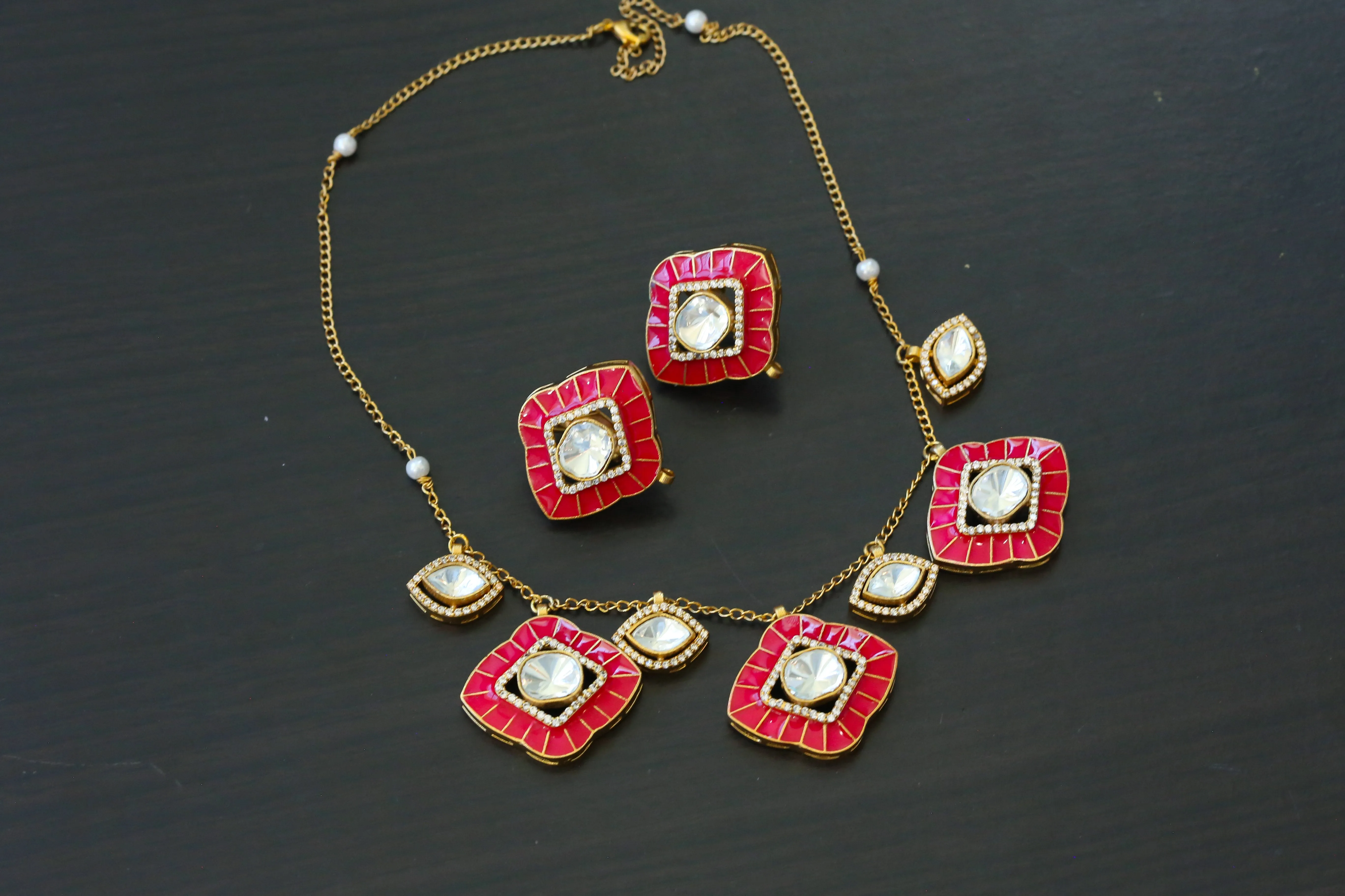 Premium Enamel & Moissanite Look Polki Set -Hot Red