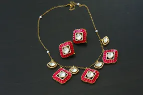 Premium Enamel & Moissanite Look Polki Set -Hot Red