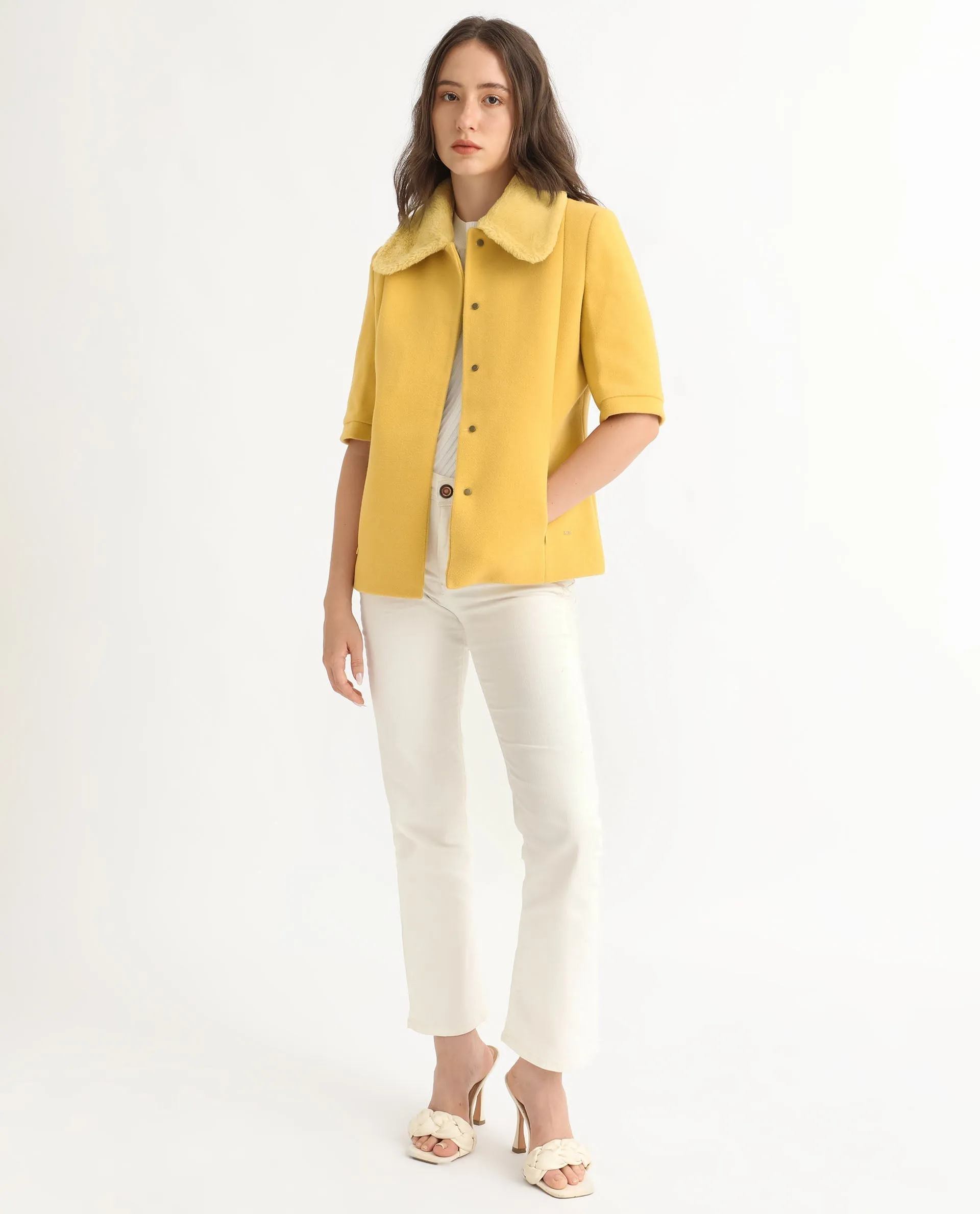 Rareism Women Kaise Yellow Polyester Fabric Short Sleeves Button Closure Shirt Collar Bell Sleeve Regular Fit Plain Jacket