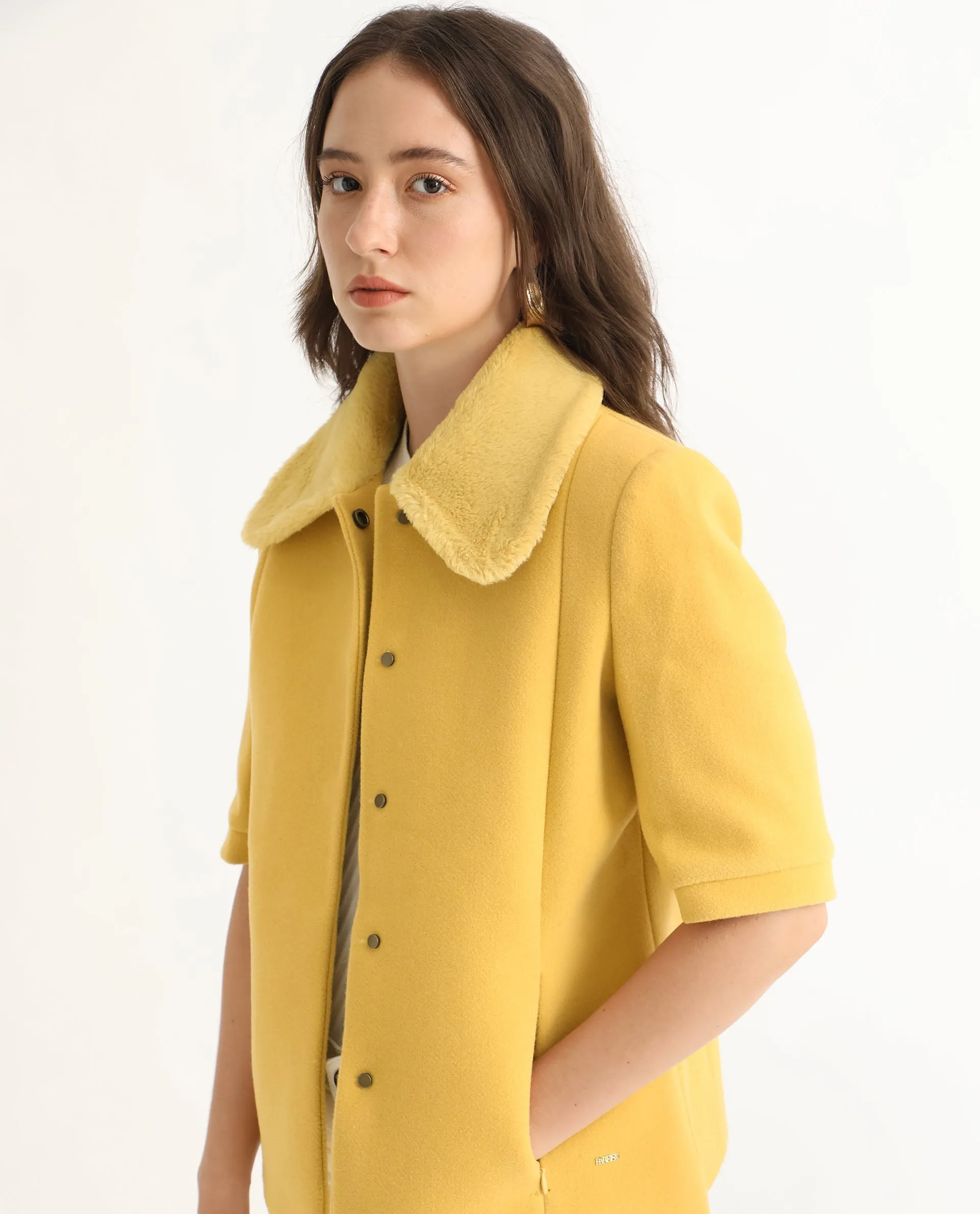 Rareism Women Kaise Yellow Polyester Fabric Short Sleeves Button Closure Shirt Collar Bell Sleeve Regular Fit Plain Jacket