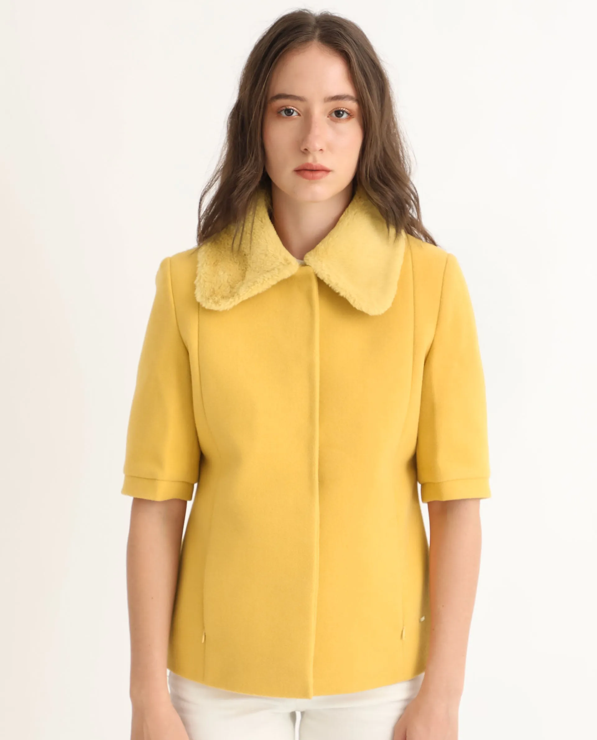 Rareism Women Kaise Yellow Polyester Fabric Short Sleeves Button Closure Shirt Collar Bell Sleeve Regular Fit Plain Jacket