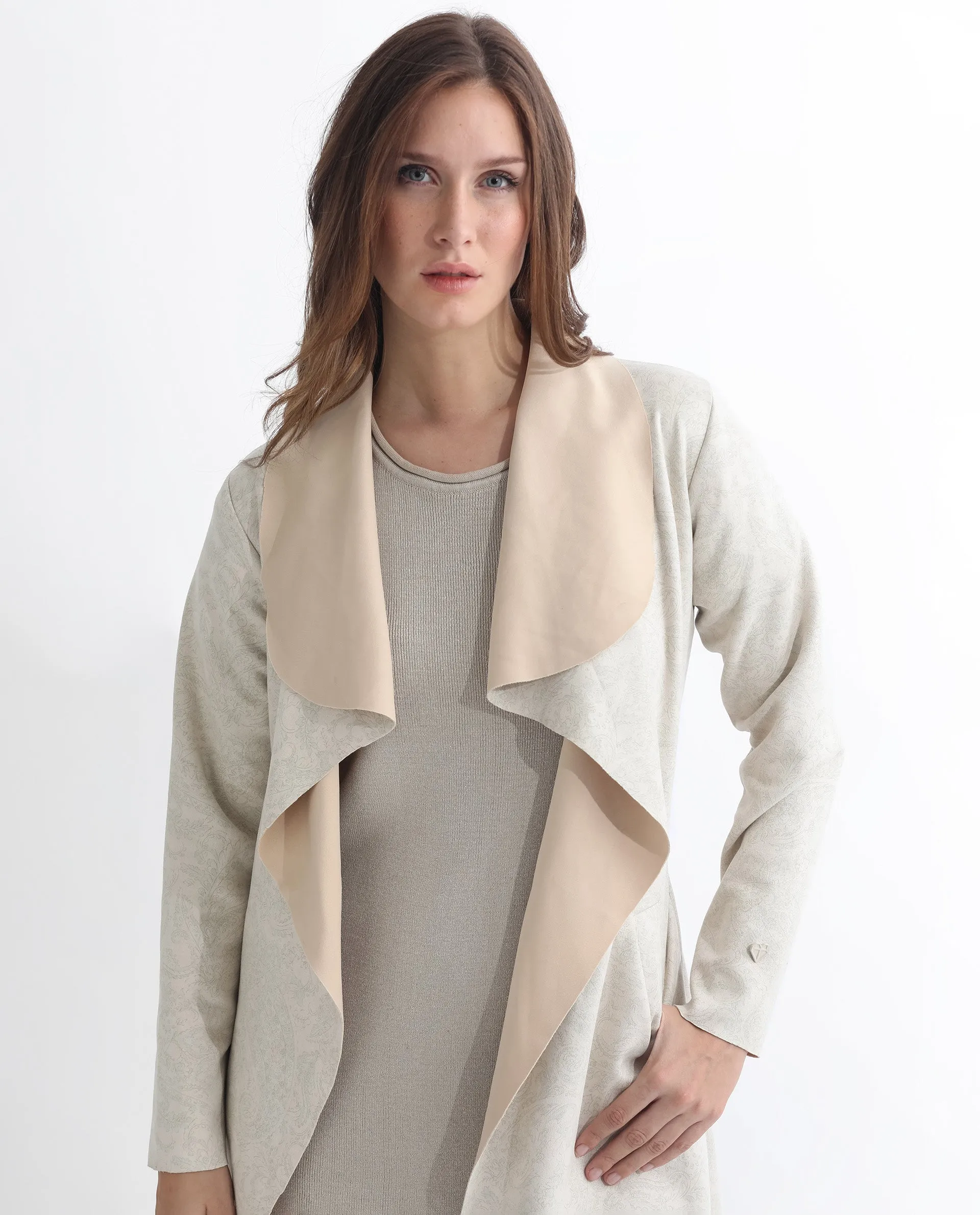 Rareism Women Palmer 1 Beige Polyester Fabric Full Sleeves Solid Collarless Jacket