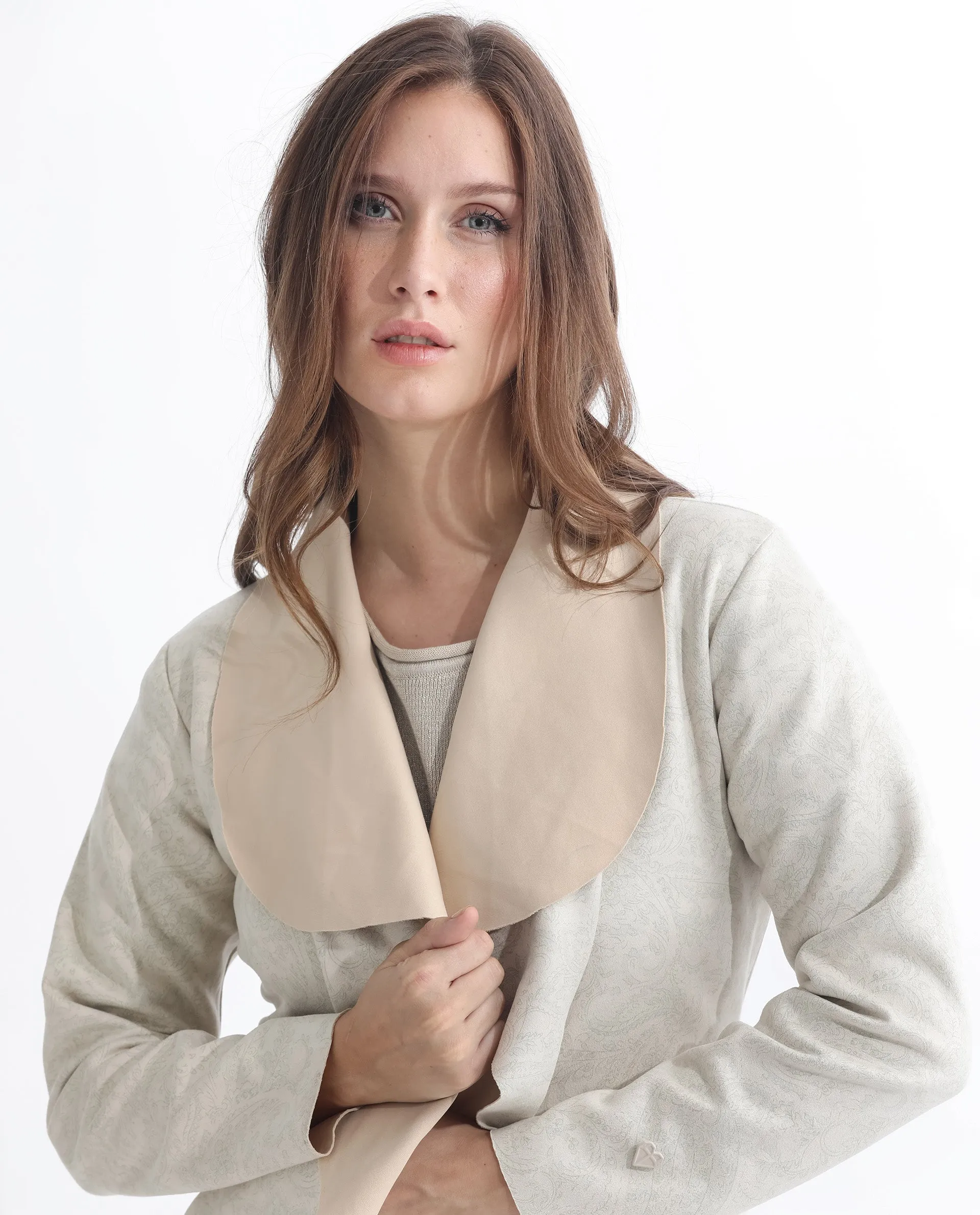 Rareism Women Palmer 1 Beige Polyester Fabric Full Sleeves Solid Collarless Jacket