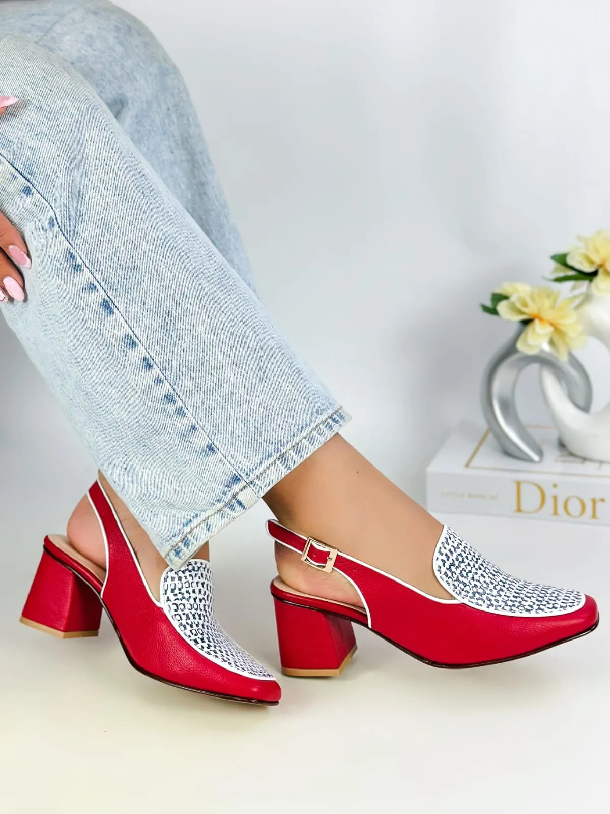 Red Block Heel Slingback Loafers