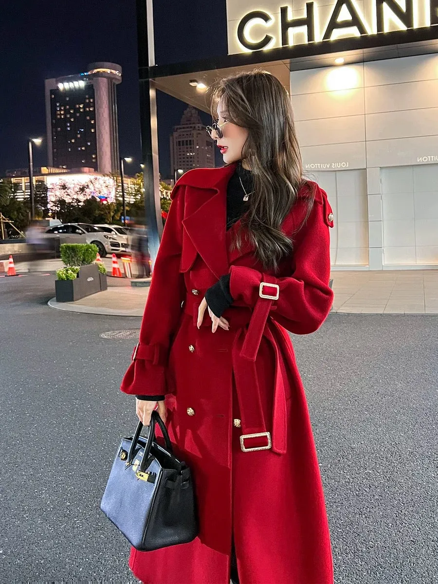 Red double-sided cashmere coat for women mid-length 2023 autumn and winter new high-end Korean style loose woolen coat