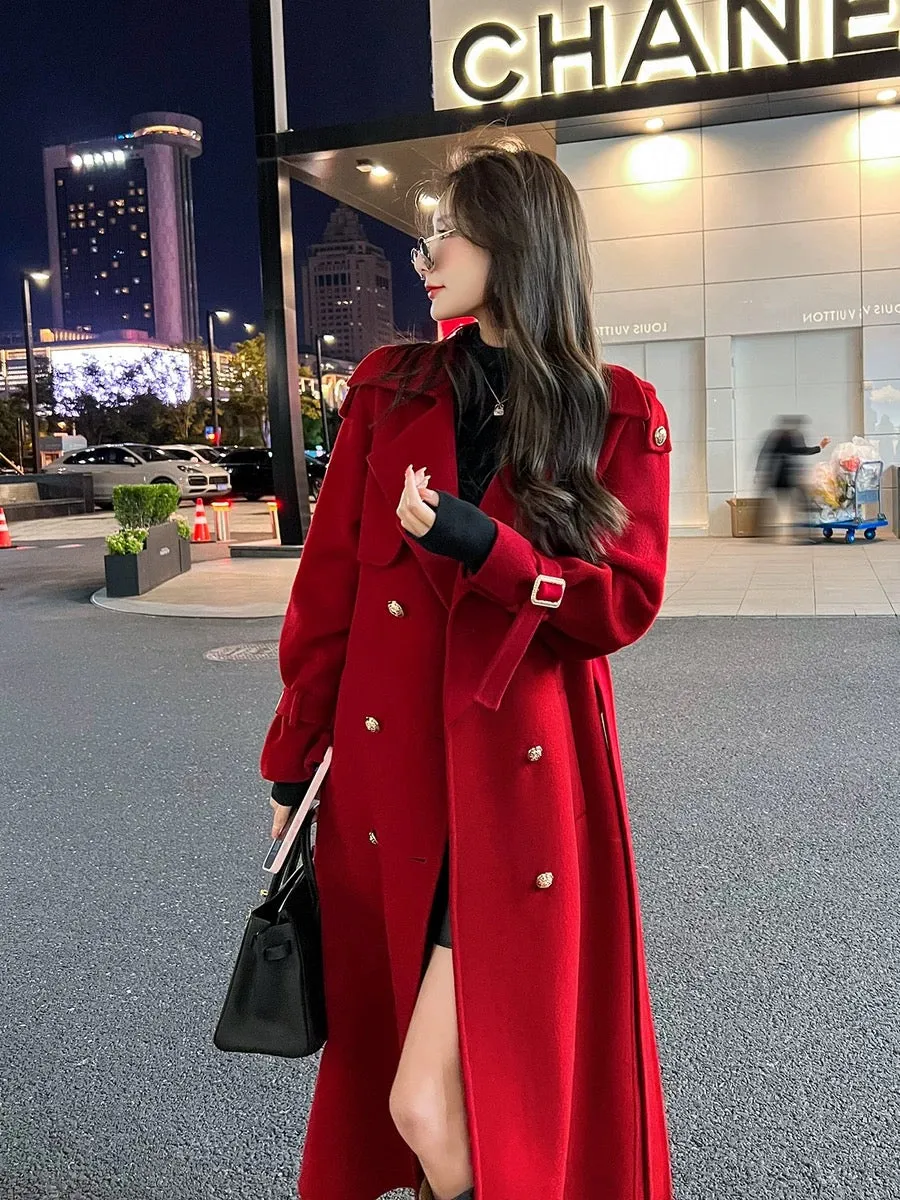 Red double-sided cashmere coat for women mid-length 2023 autumn and winter new high-end Korean style loose woolen coat