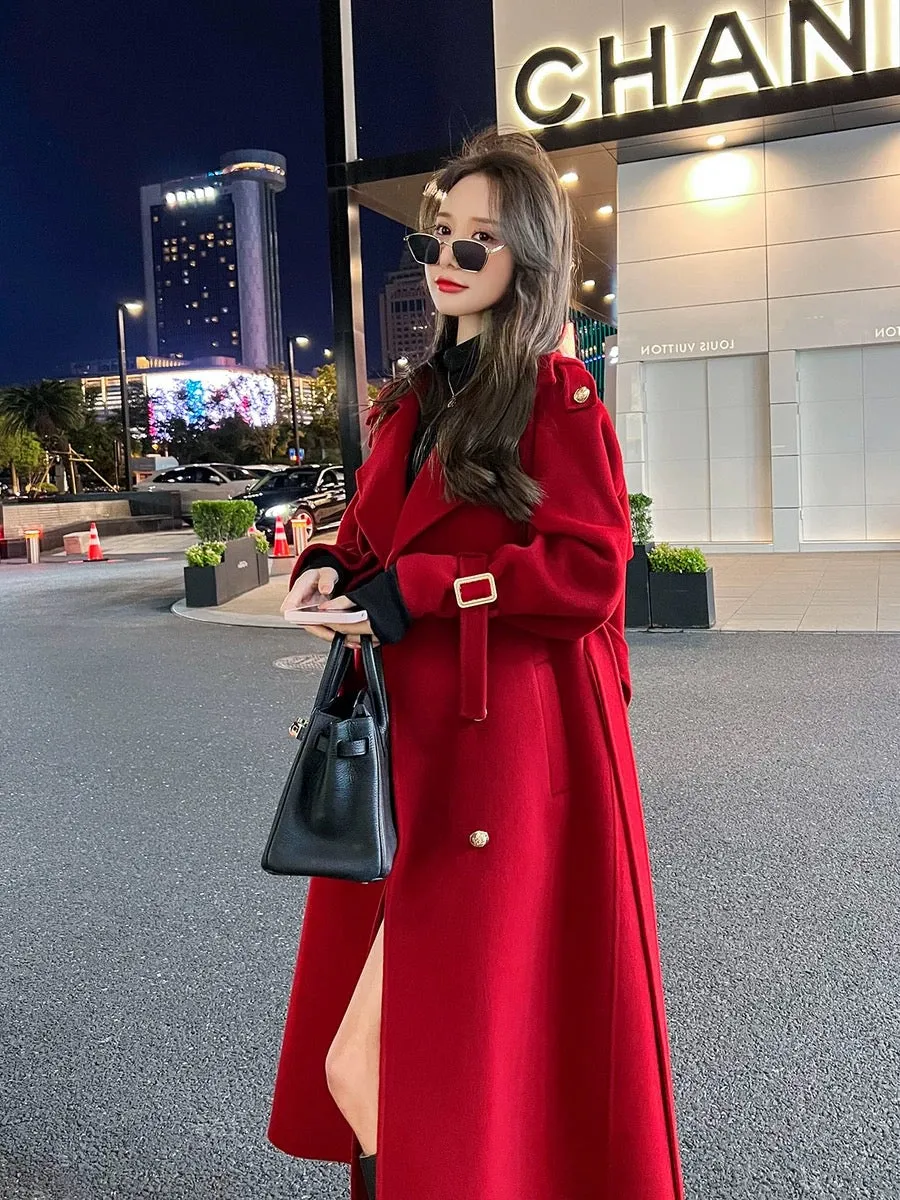 Red double-sided cashmere coat for women mid-length 2023 autumn and winter new high-end Korean style loose woolen coat