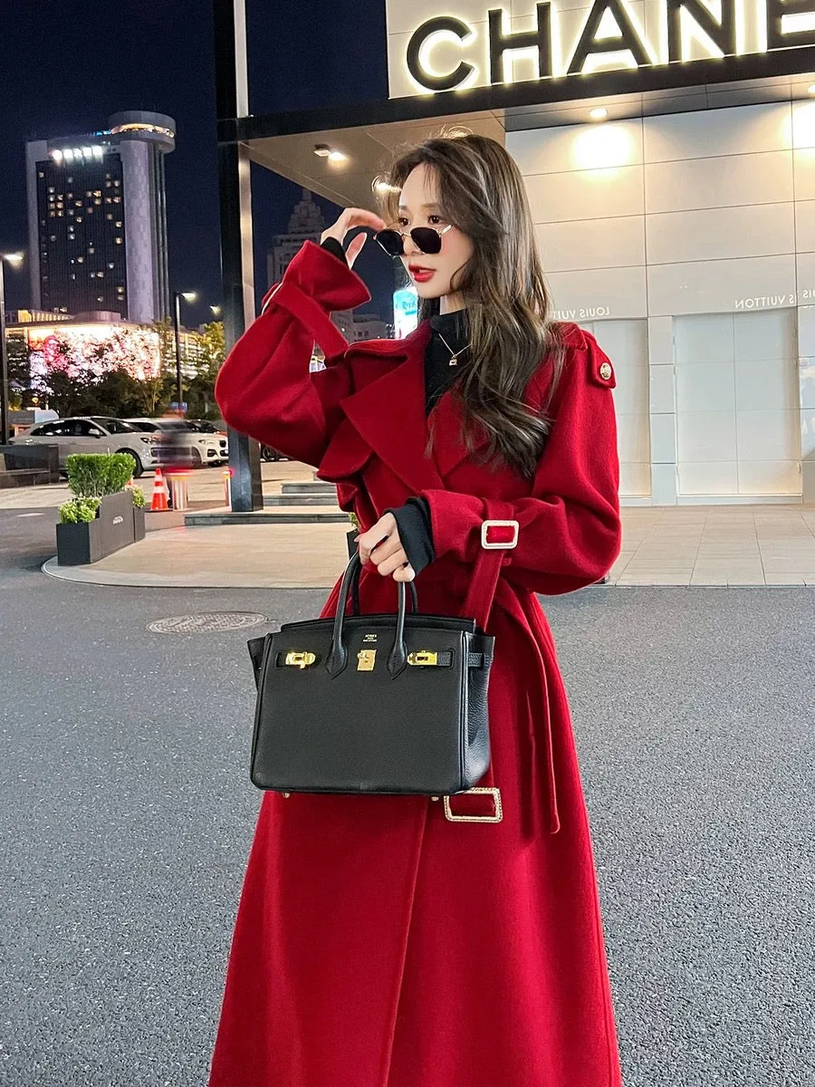 Red double-sided cashmere coat for women mid-length 2023 autumn and winter new high-end Korean style loose woolen coat