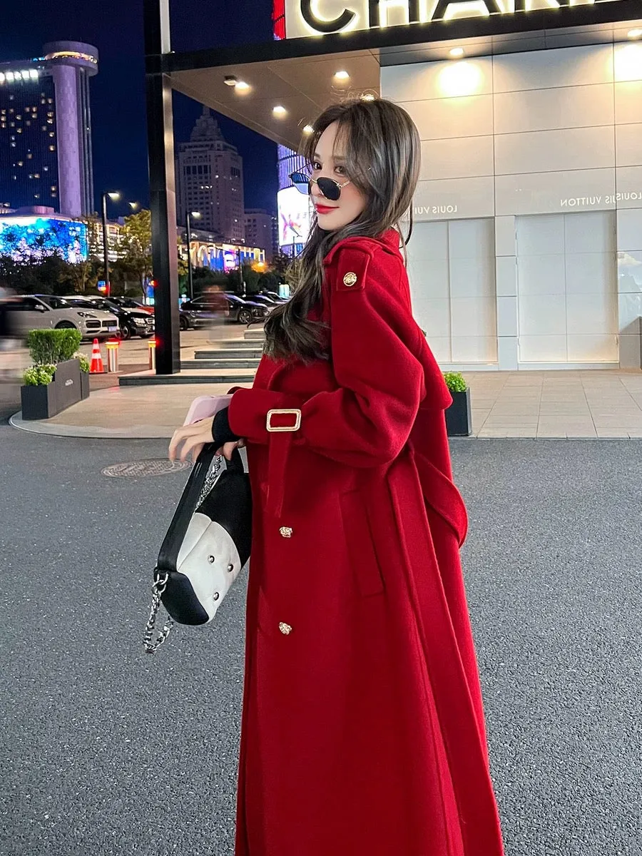 Red double-sided cashmere coat for women mid-length 2023 autumn and winter new high-end Korean style loose woolen coat