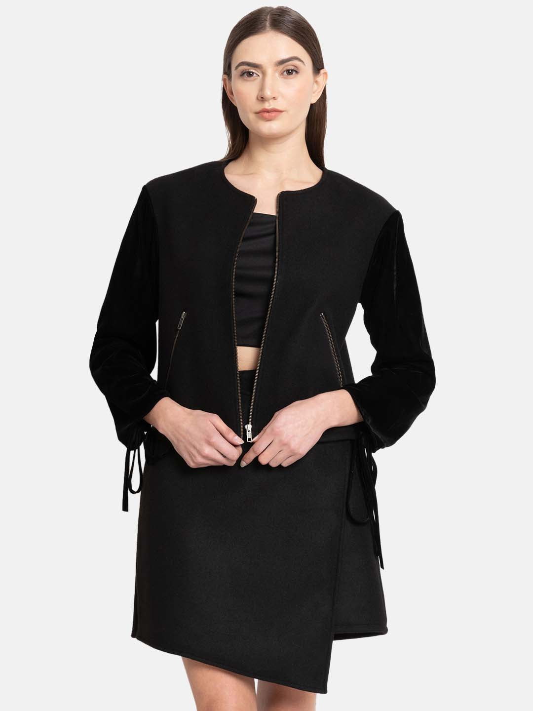 Round Neck Rouched Sleeve Jacket