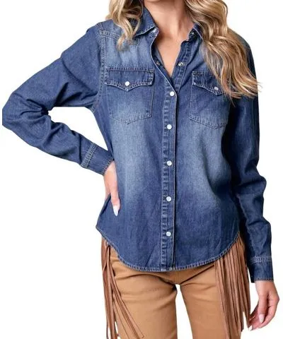 Saints & Hearts Western Snap Button Denim Shirt In Dark Wash