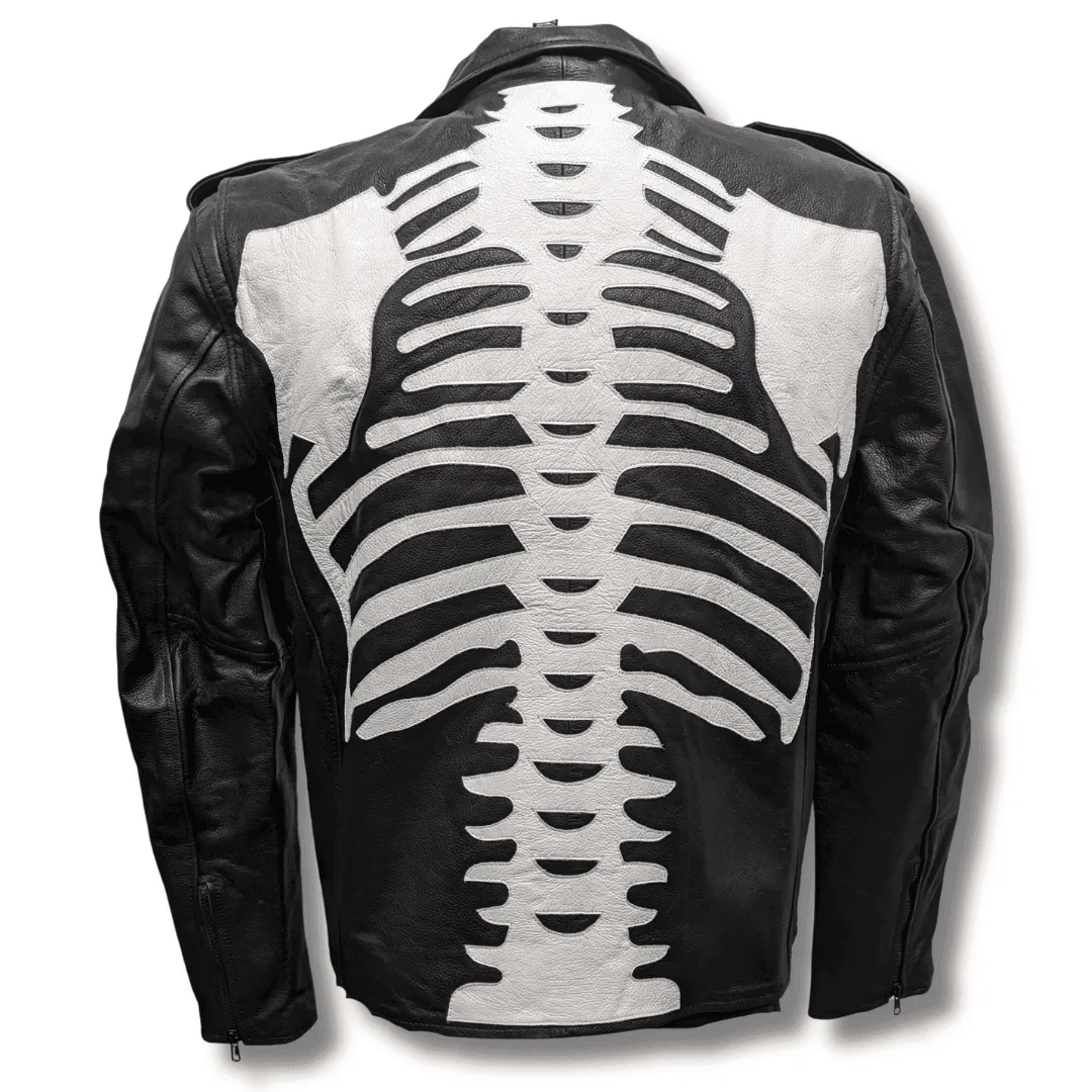 Skeleton Bones White on Black Classic Style Leather Jacket