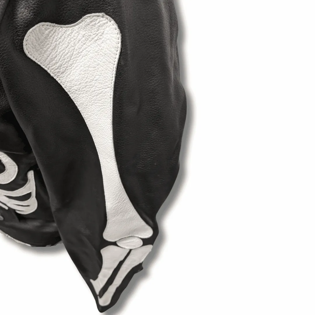 Skeleton Bones White on Black Classic Style Leather Jacket