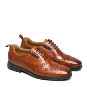 Tan Leather Lace-Up Sneakers With Punching Brogue Design