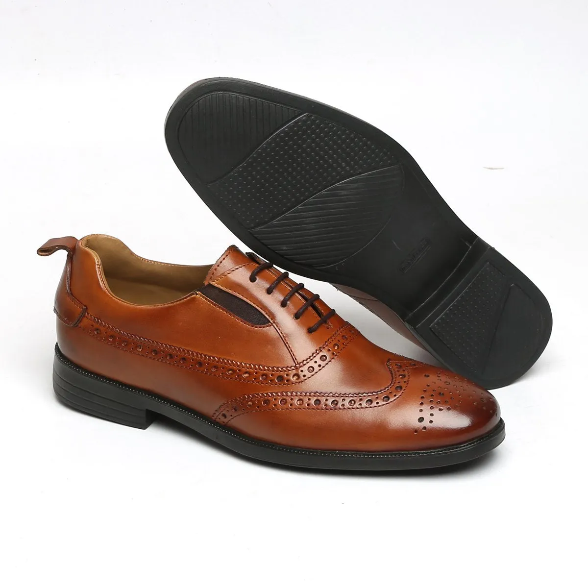 Tan Leather Lace-Up Sneakers With Punching Brogue Design