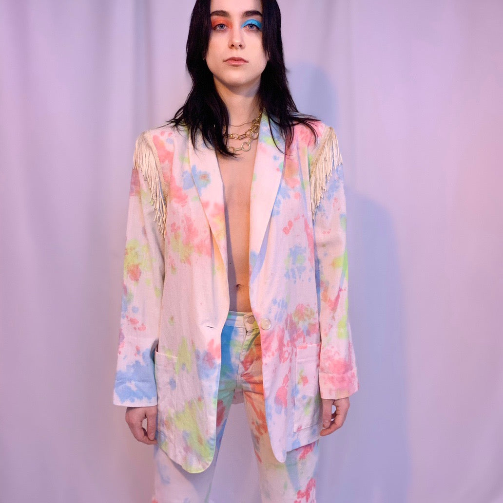 Upcycled tie dye fringe blazer