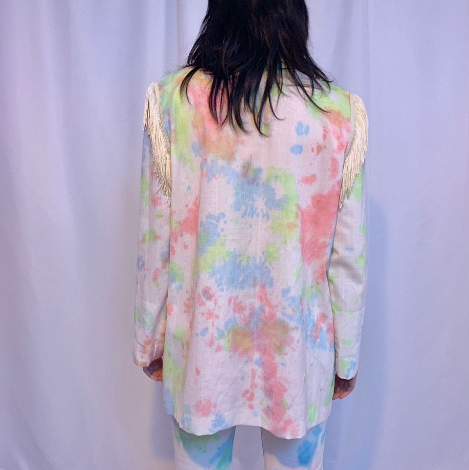 Upcycled tie dye fringe blazer