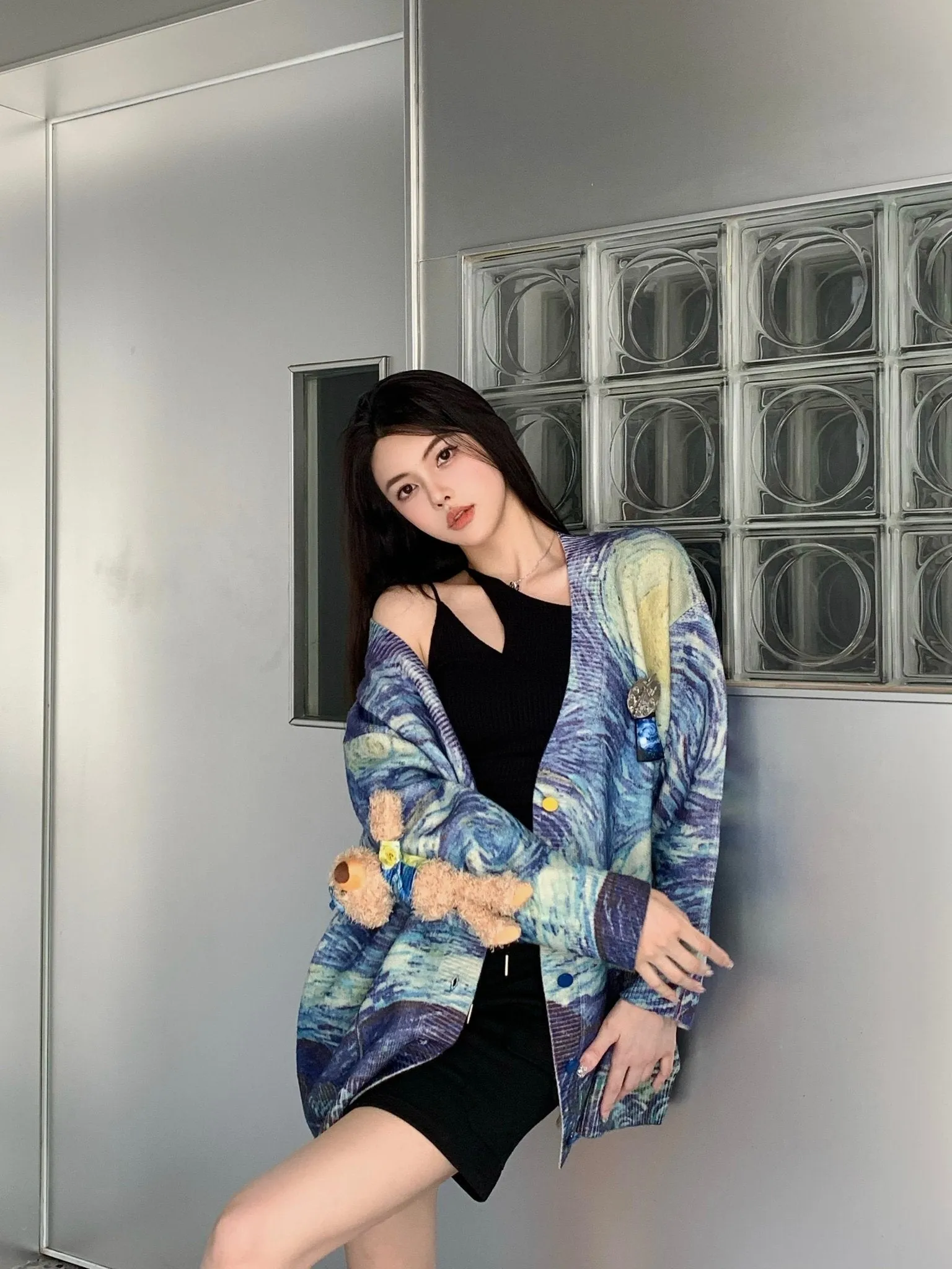 Van Gogh Starry Night Full Print Cardigan in Blue-