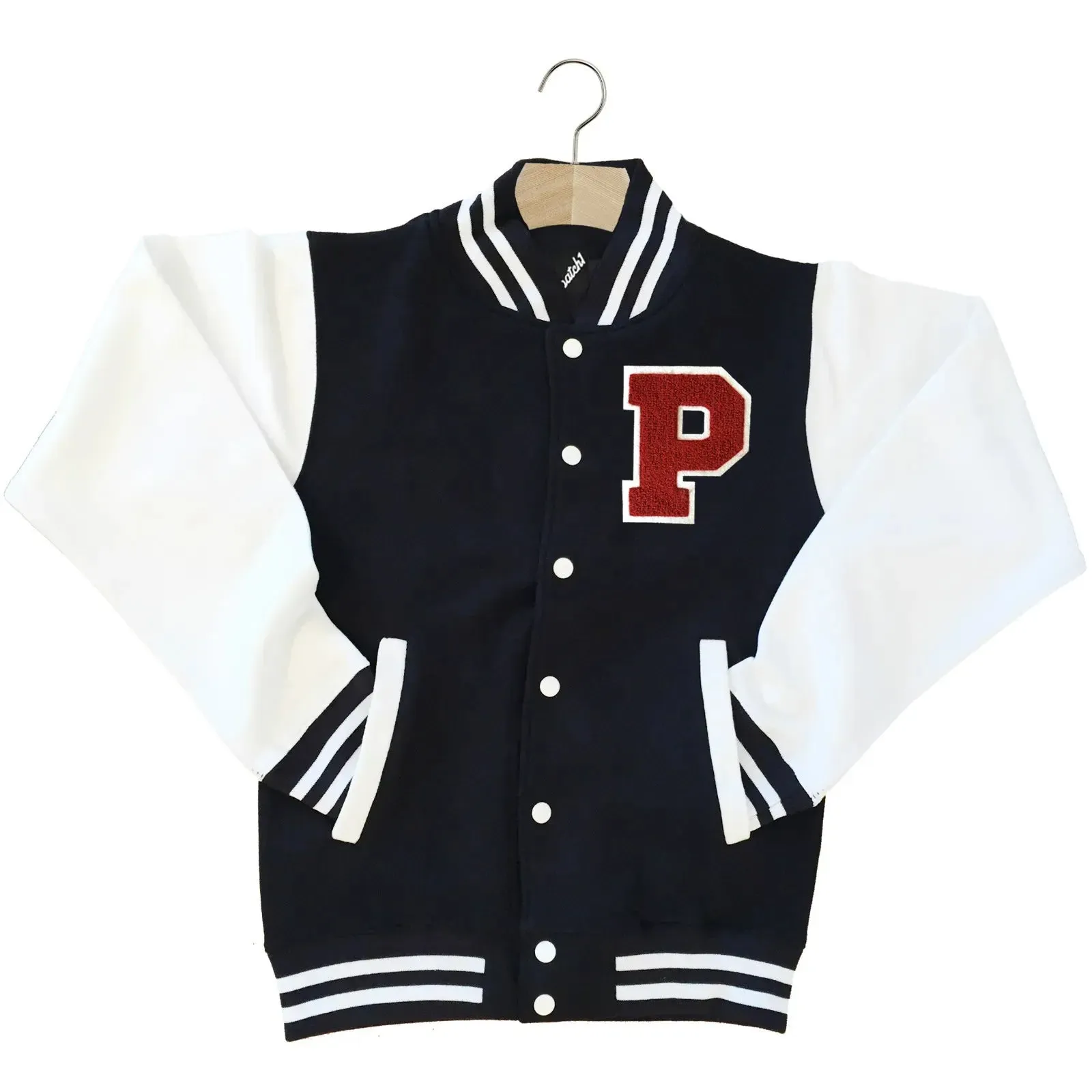 VARSITY BASEBALL JACKET UNISEX PERSONALISED WITH GENUINE US COLLEGE LETTER P