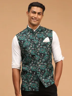 VASTRAMAY Men's Green Printed Nehru Jacket