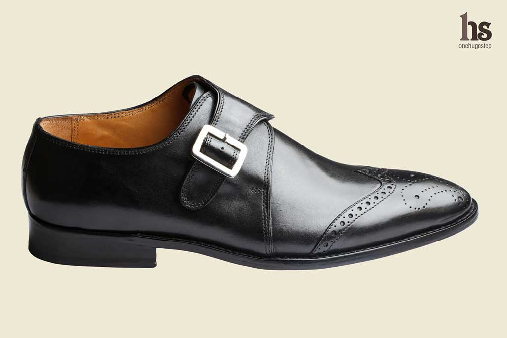 Wing Cap Single Strap Brogue Monk With Medallion- Black