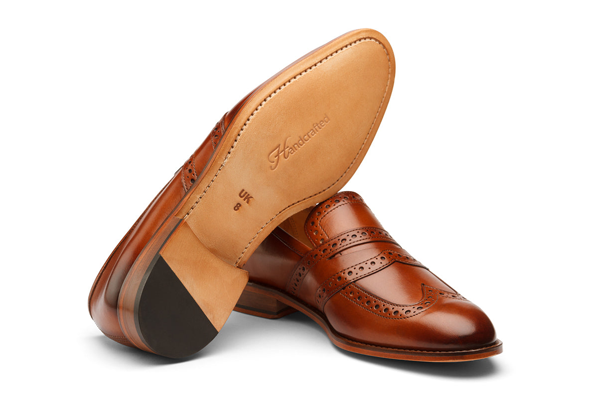 WINGCAP BROGUE PENNY LOAFER- COGNAC