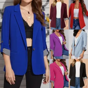 Women's Blazer 3/4 Length Sleeve Blazers Contrast Binding Elegant Formal Solid Color