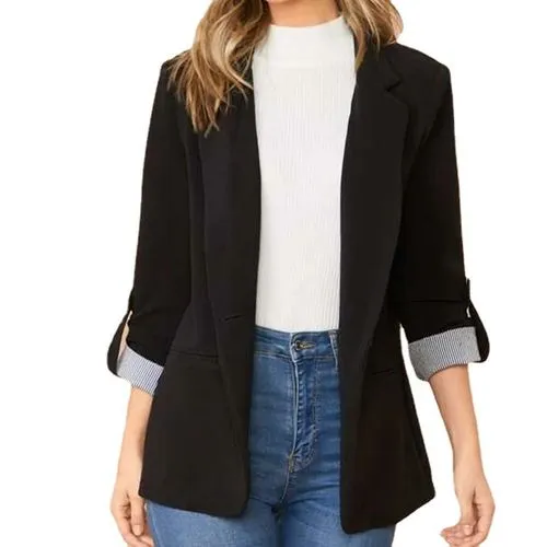 Women's Blazer 3/4 Length Sleeve Blazers Contrast Binding Elegant Formal Solid Color